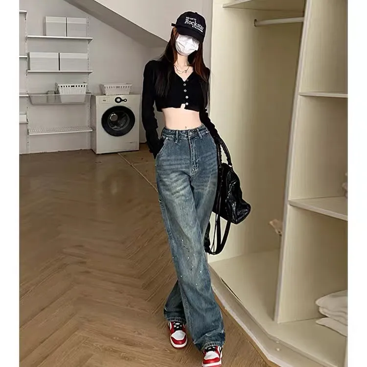 323 Kumikumi loose and thin wide-leg pants retro old jeans women's early autumn straight pants mopping pants long pants