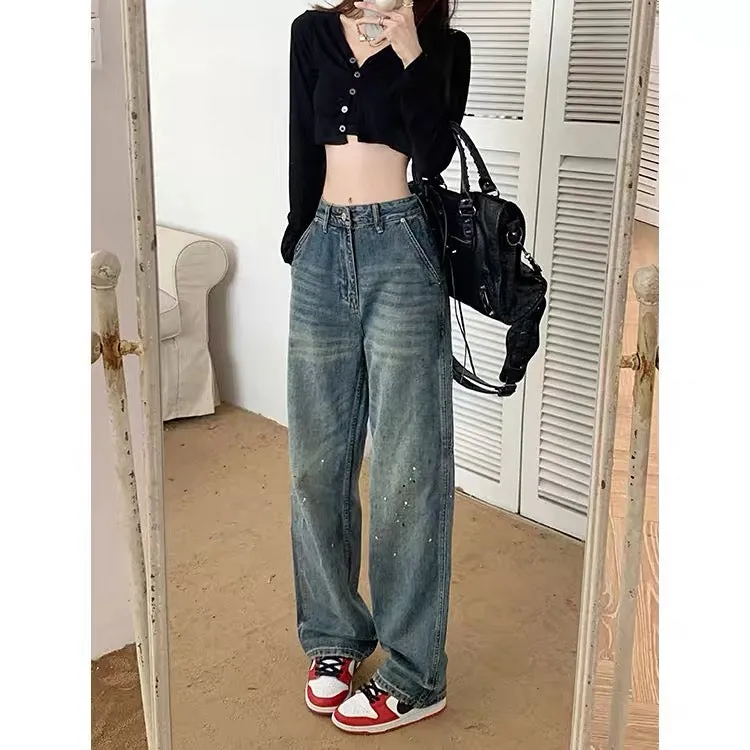 323 Kumikumi loose and thin wide-leg pants retro old jeans women's early autumn straight pants mopping pants long pants