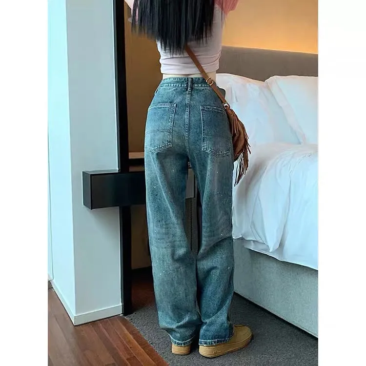 323 Kumikumi loose and thin wide-leg pants retro old jeans women's early autumn straight pants mopping pants long pants