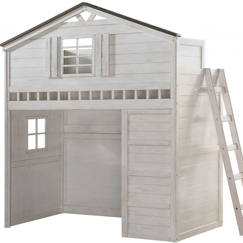 43 X 80 X 88 Weathered White Washed Gray Wood Loft Bed (Twin Size)