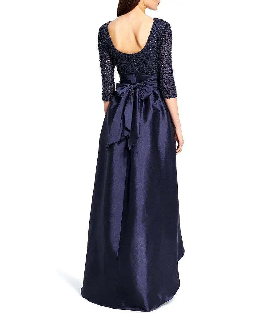 Adrianna Papell 091919630 Sequined High Low Bow Accent Gown - 1 pc Navy in Size 8 Available