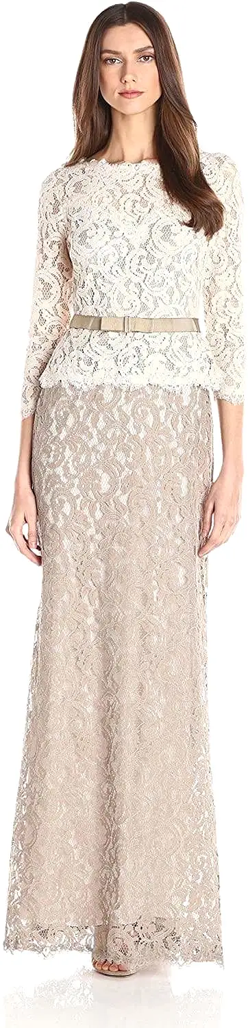 Adrianna Papell - 81907760 Quarter Sleeve Lace Gown - 1 pc Ivory Taupe in Size 8 Available