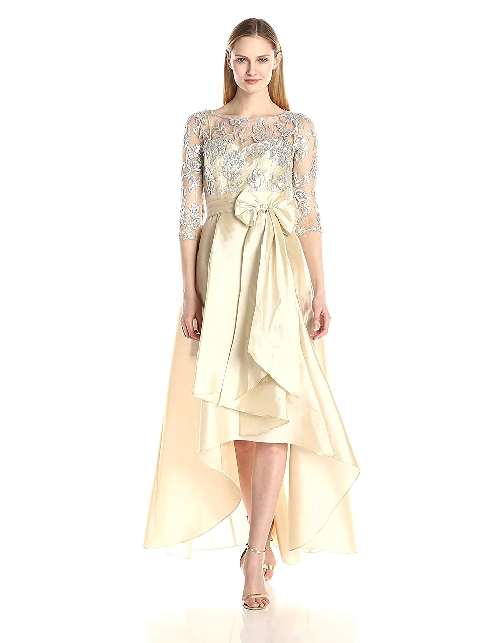 Adrianna Papell - 81916970 Quarter Sleeve Ribbon Ornate High Low Gown