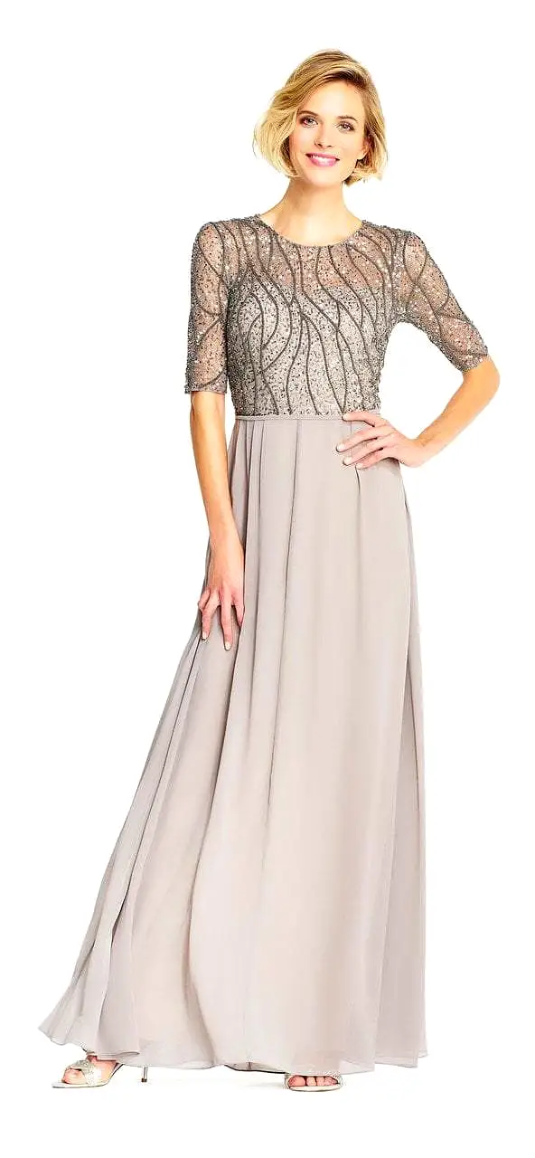 Adrianna Papell - AP1E202210 Elbow Sleeves Beaded Chiffon Gown