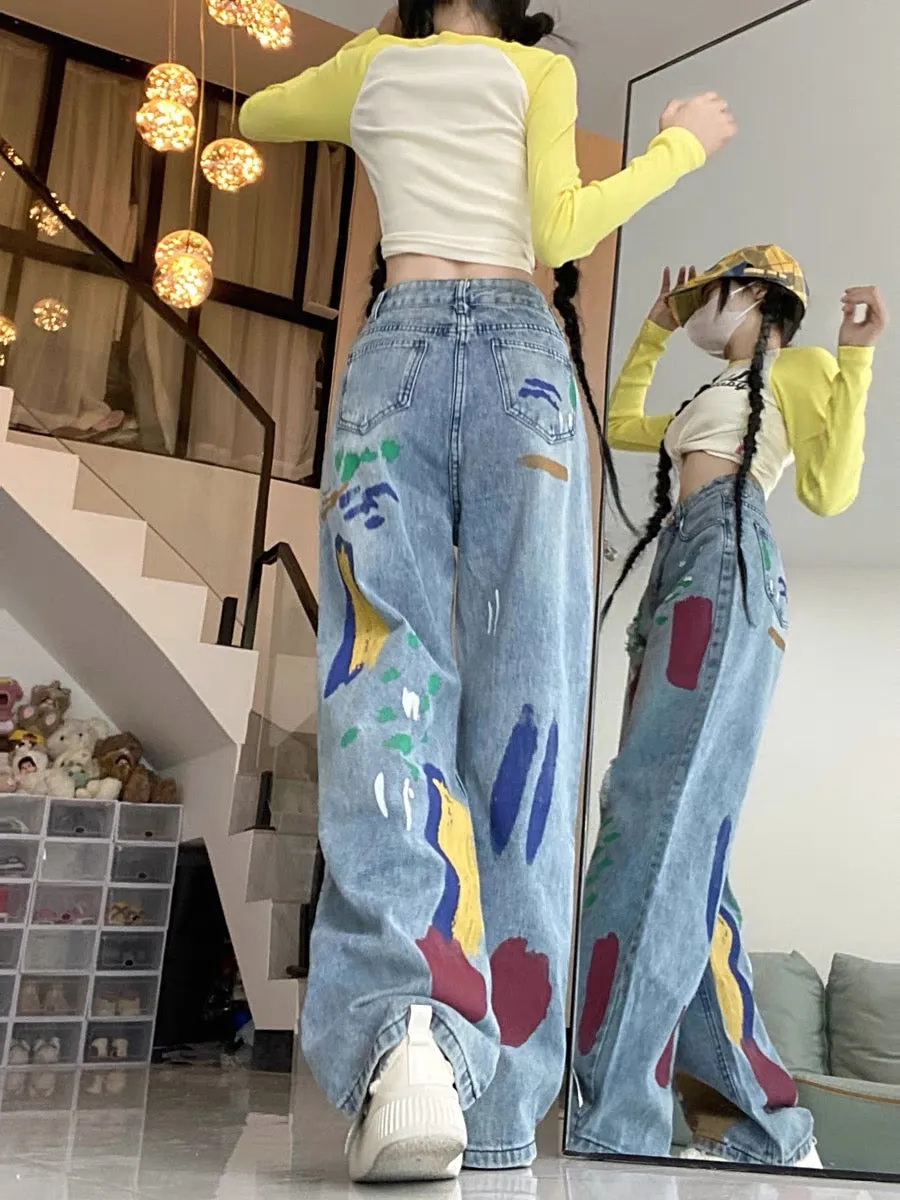 American retro ripped graffiti jeans for women, spring and autumn high-waisted trendy straight-leg versatile wide-leg drapey flo