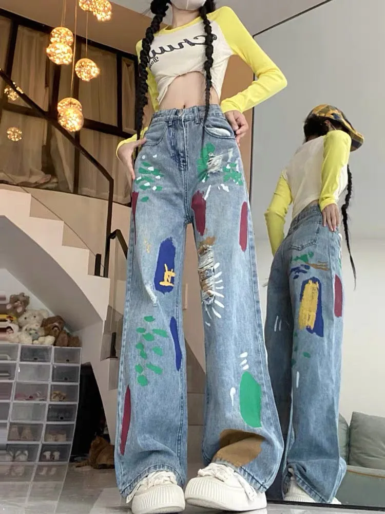 American retro ripped graffiti jeans for women, spring and autumn high-waisted trendy straight-leg versatile wide-leg drapey flo