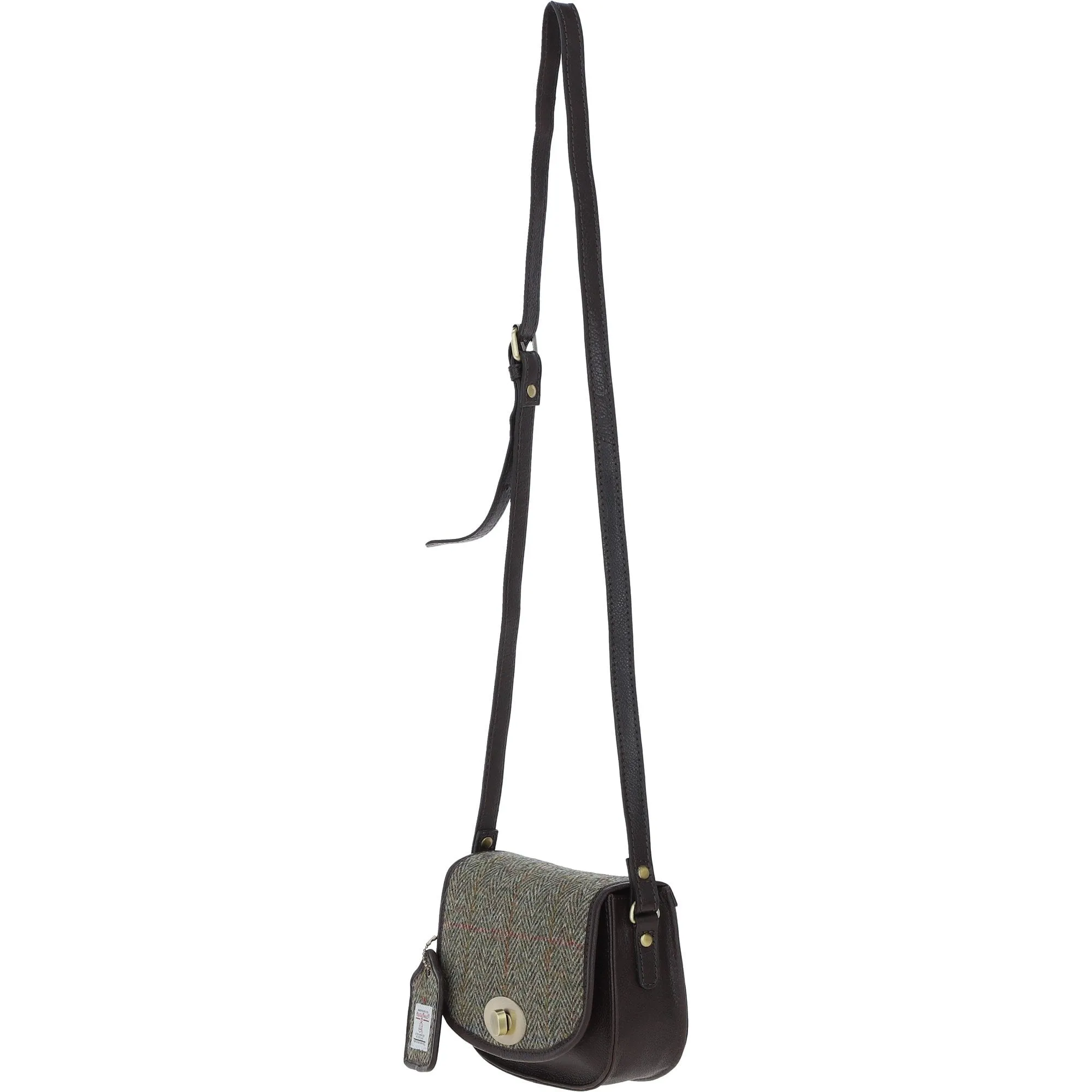 Ashwood Leather x Harris Tweed Saddle Crossbody Bag with Twist Lock Brown/Green: TW-30-09-BG