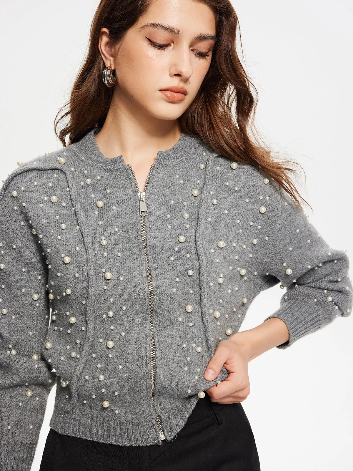 Beaded-Decor Zipper Short Cardigan