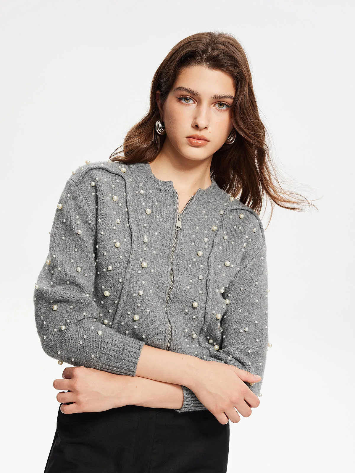 Beaded-Decor Zipper Short Cardigan