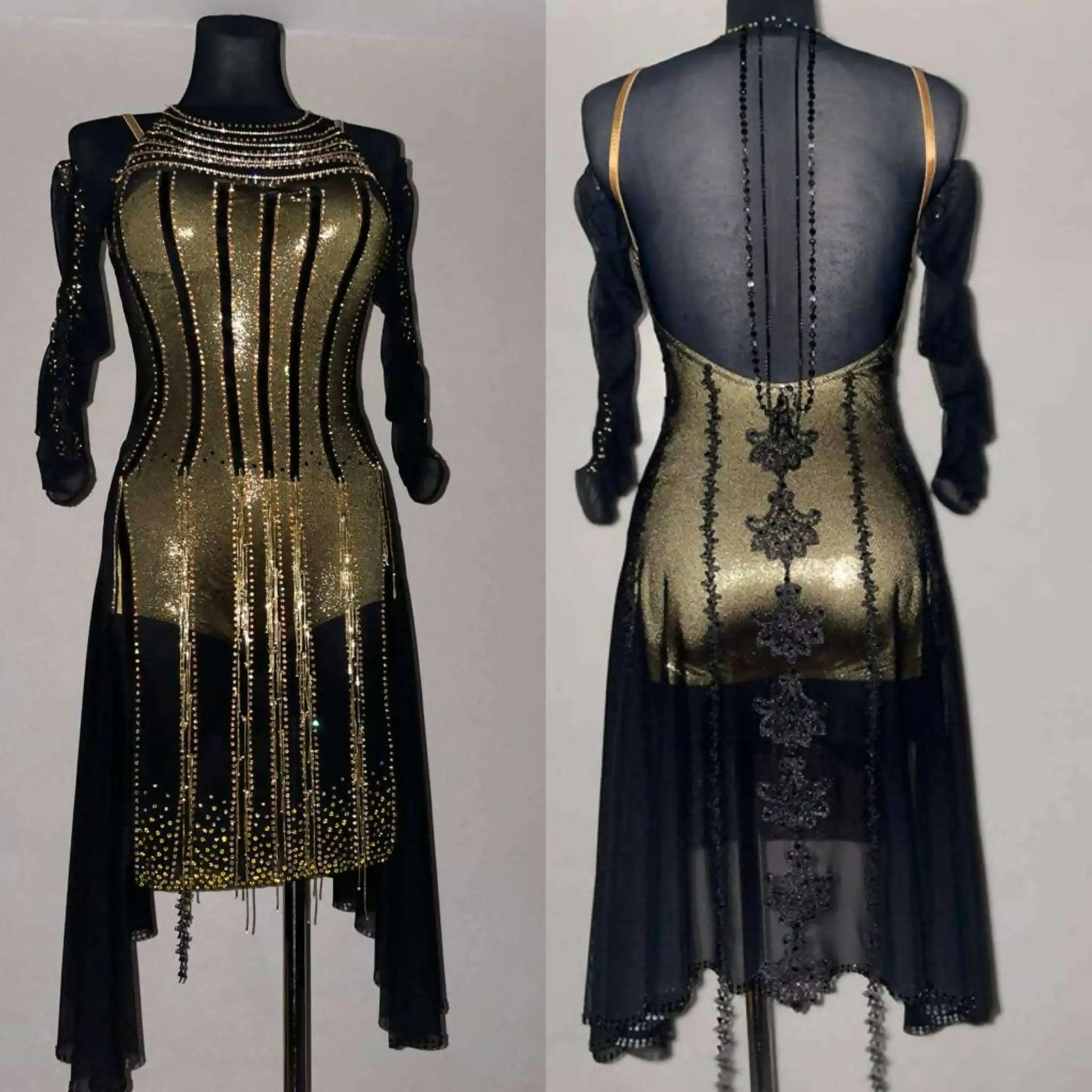 Beaded Elegance Black & Gold Latin Dress