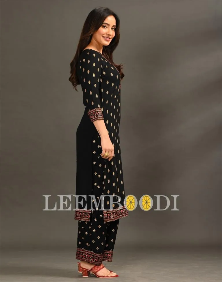 Black Coloured Rayon Foil With Pigment Work Kurti With Palazzo