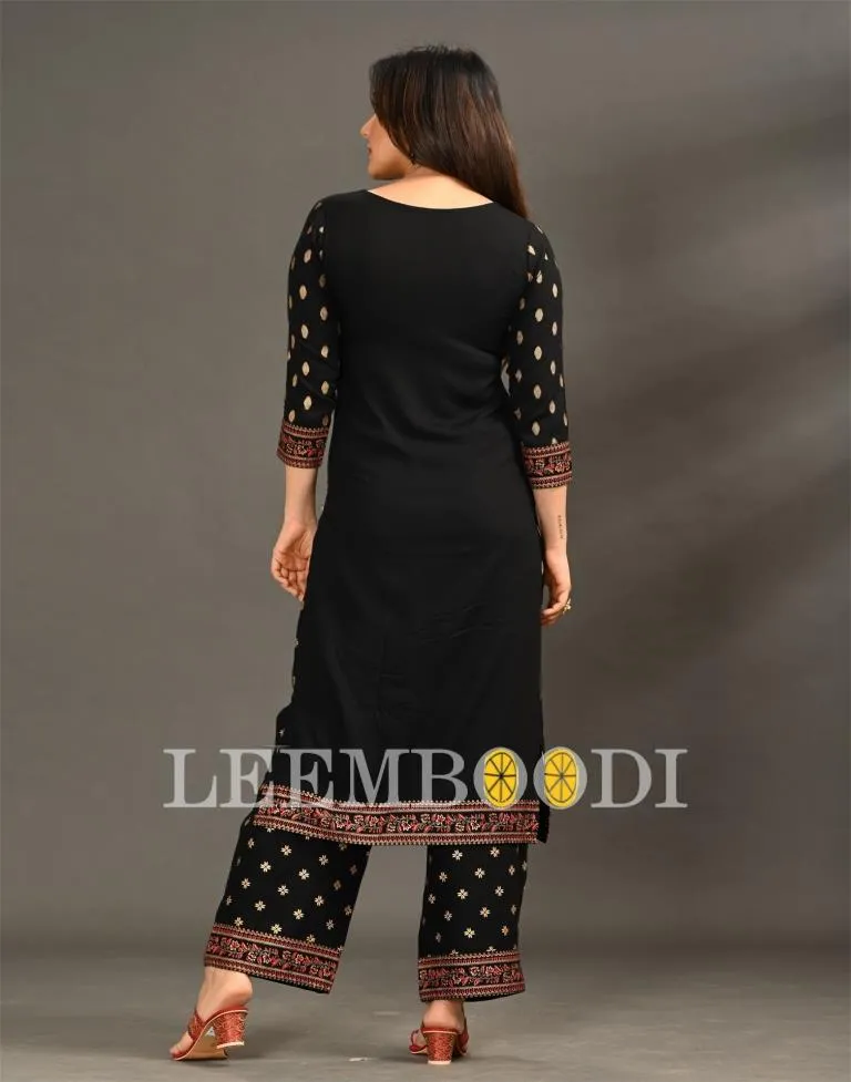 Black Coloured Rayon Foil With Pigment Work Kurti With Palazzo