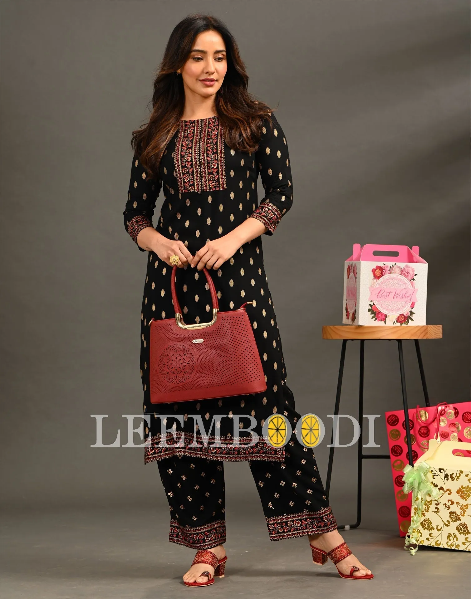 Black Coloured Rayon Foil With Pigment Work Kurti With Palazzo