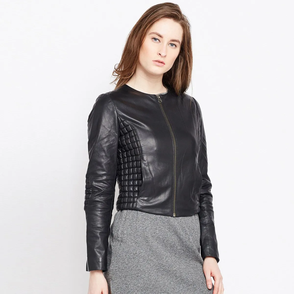 Black Slim-Fit Leather Jacket For Women