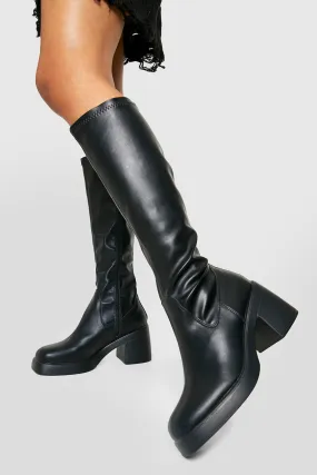 Block Heel Platform Stretch Pu Knee High Boots