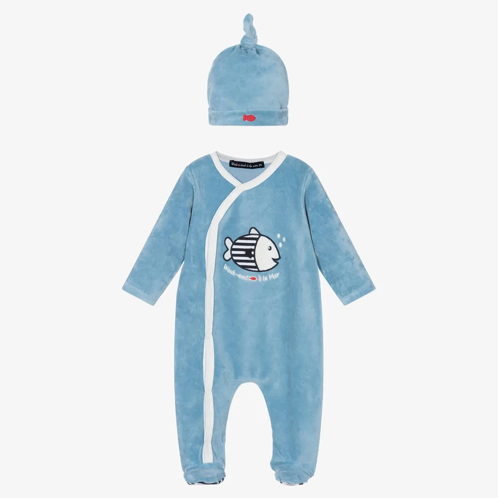 Blue Velour Babygrow & Hat Set