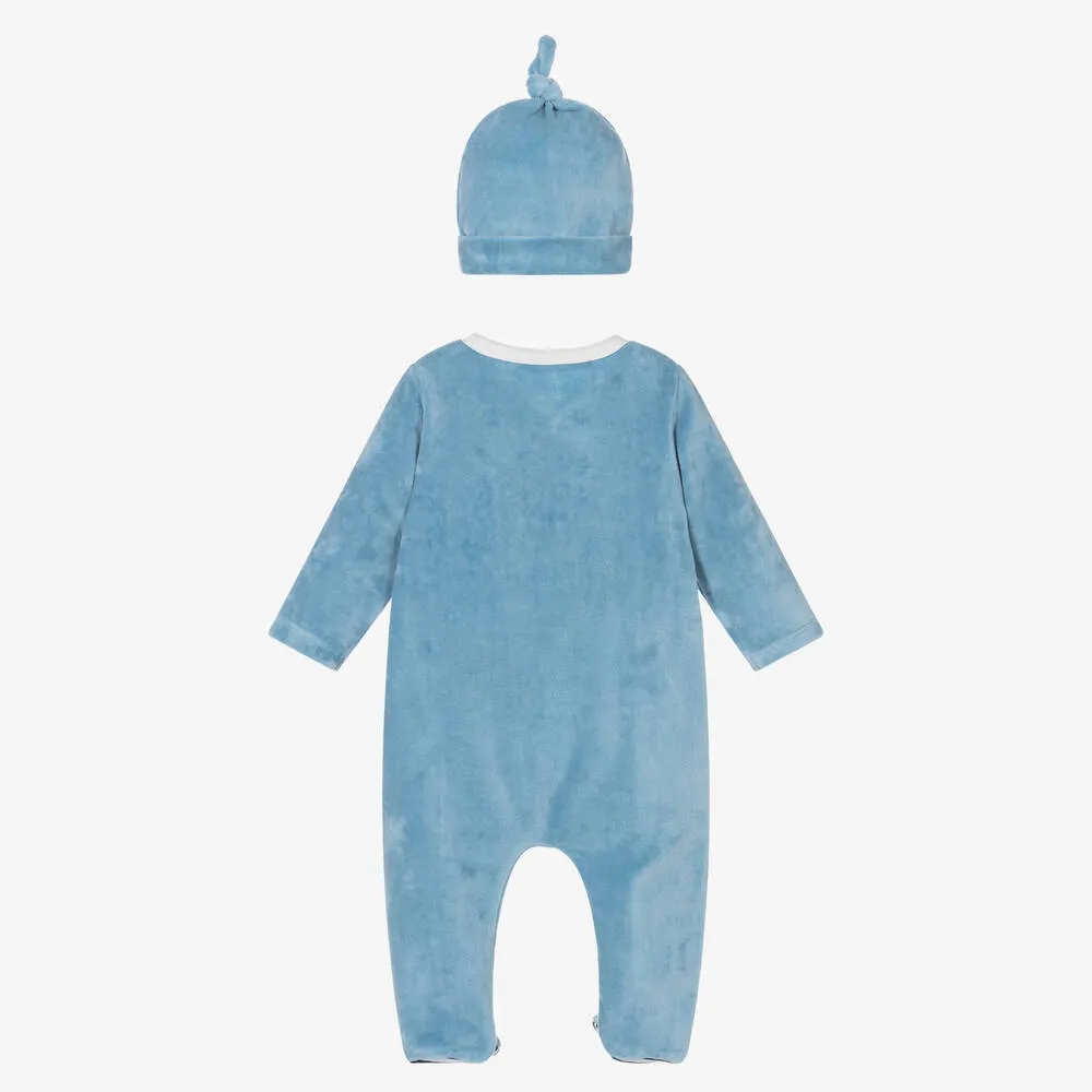 Blue Velour Babygrow & Hat Set