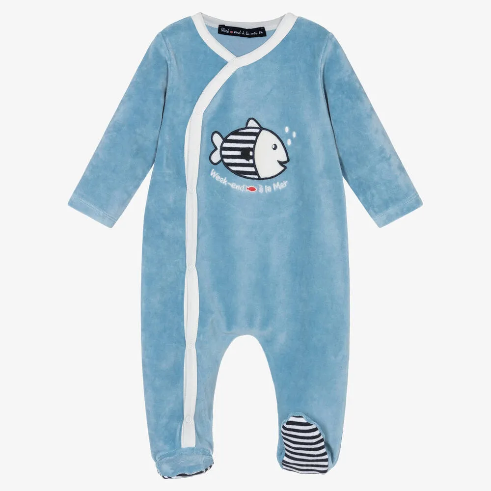 Blue Velour Babygrow & Hat Set