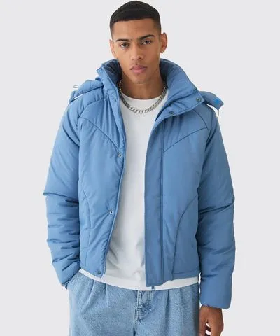 boohooMAN Mens Boxy Quilted Hooded Puffer Coat In Blue