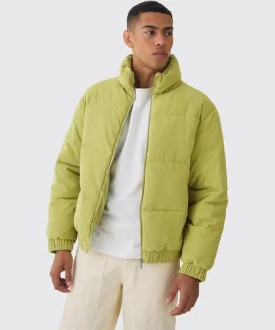 boohooMAN Mens Cord Funnel Neck Puffer Coat In Lime