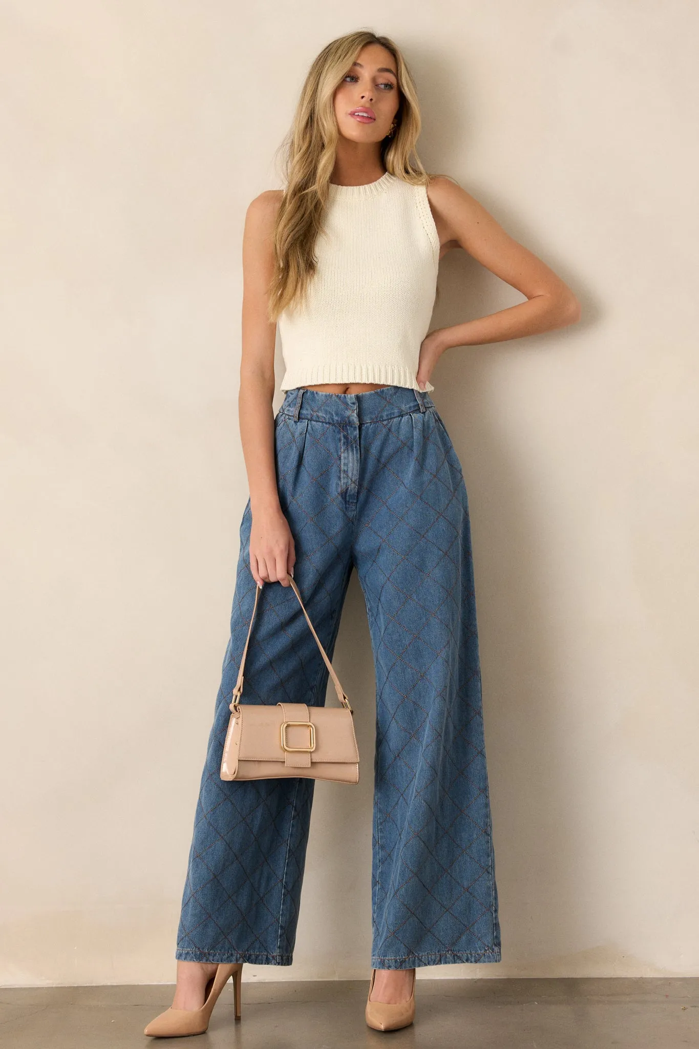 Born For This Dark Wash Quilted Wide Leg Jeans