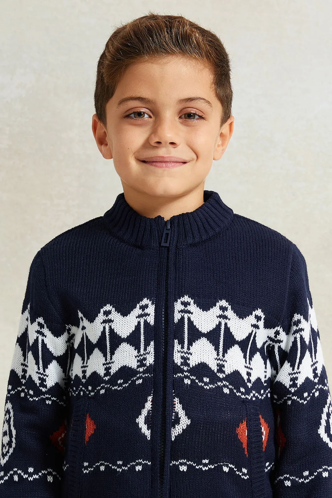 Boys Navy High Neck Zip Through Fur Lining Cardigan