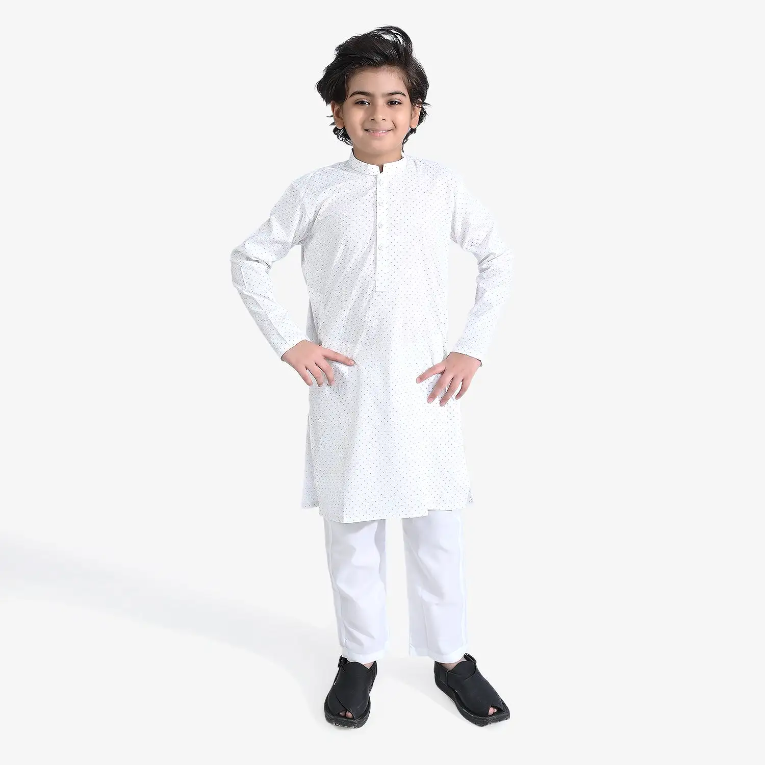 Boys Poly Viscose Shalwar Suit Dots -White