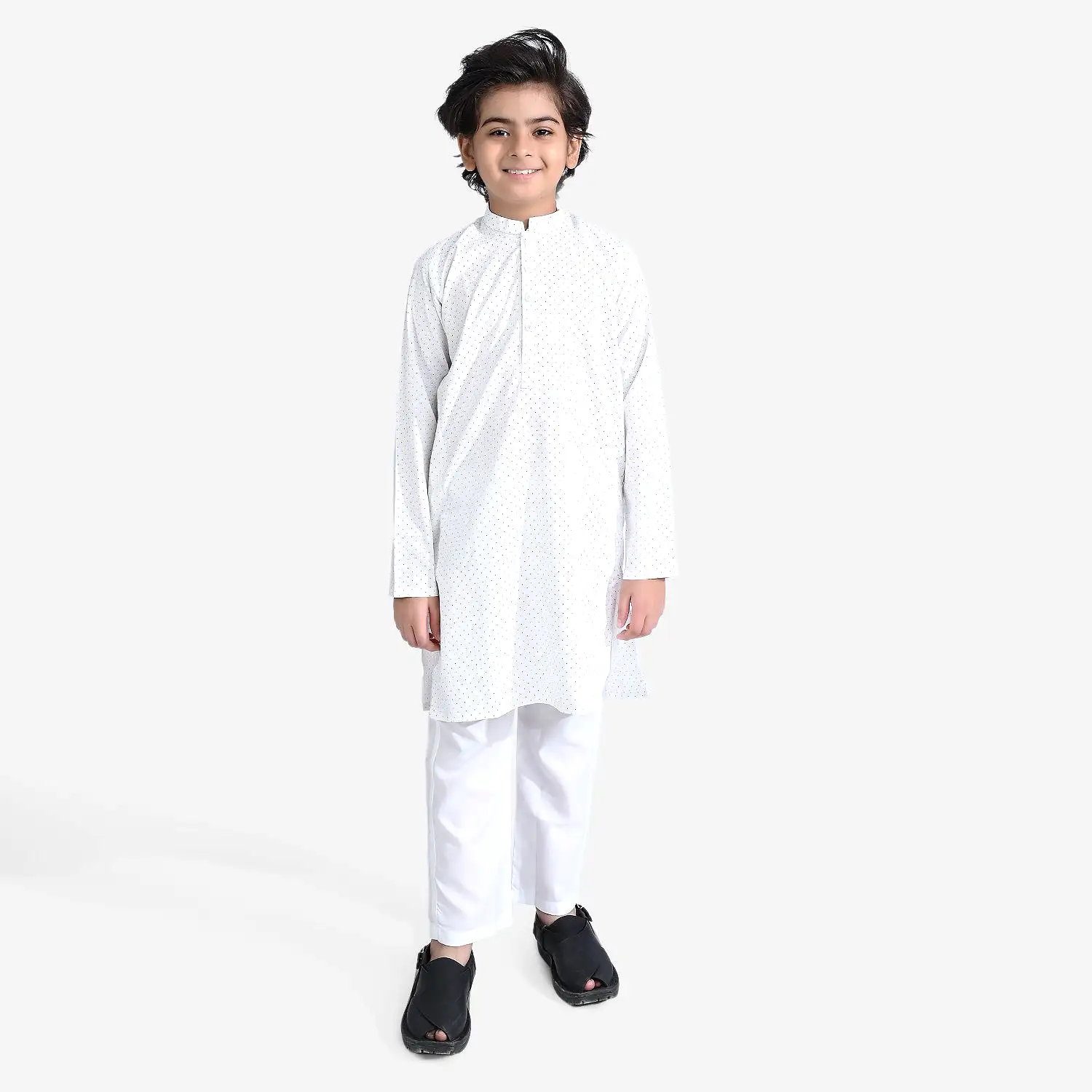 Boys Poly Viscose Shalwar Suit Dots -White