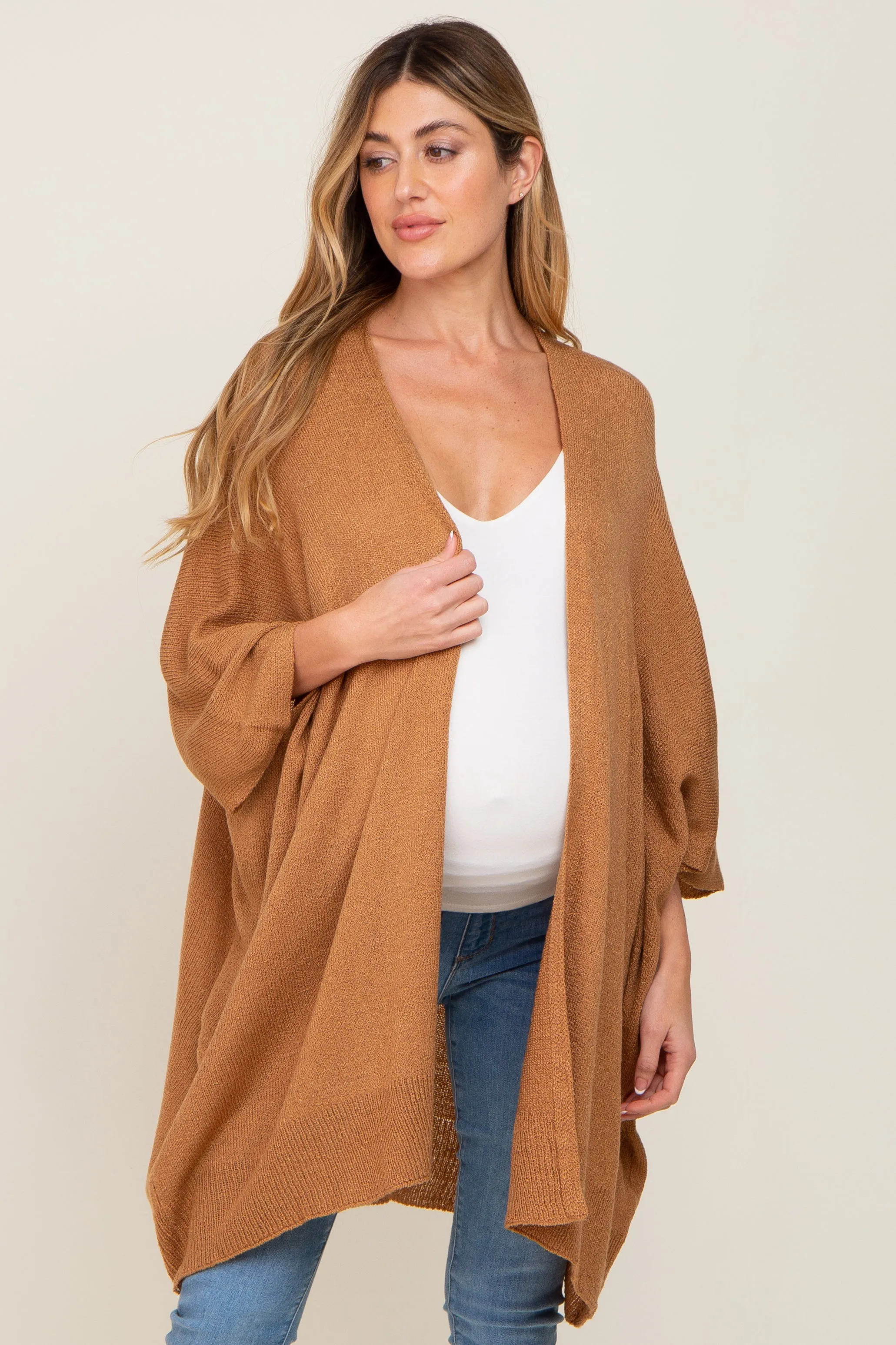 Camel Knit Open Front Maternity Cardigan