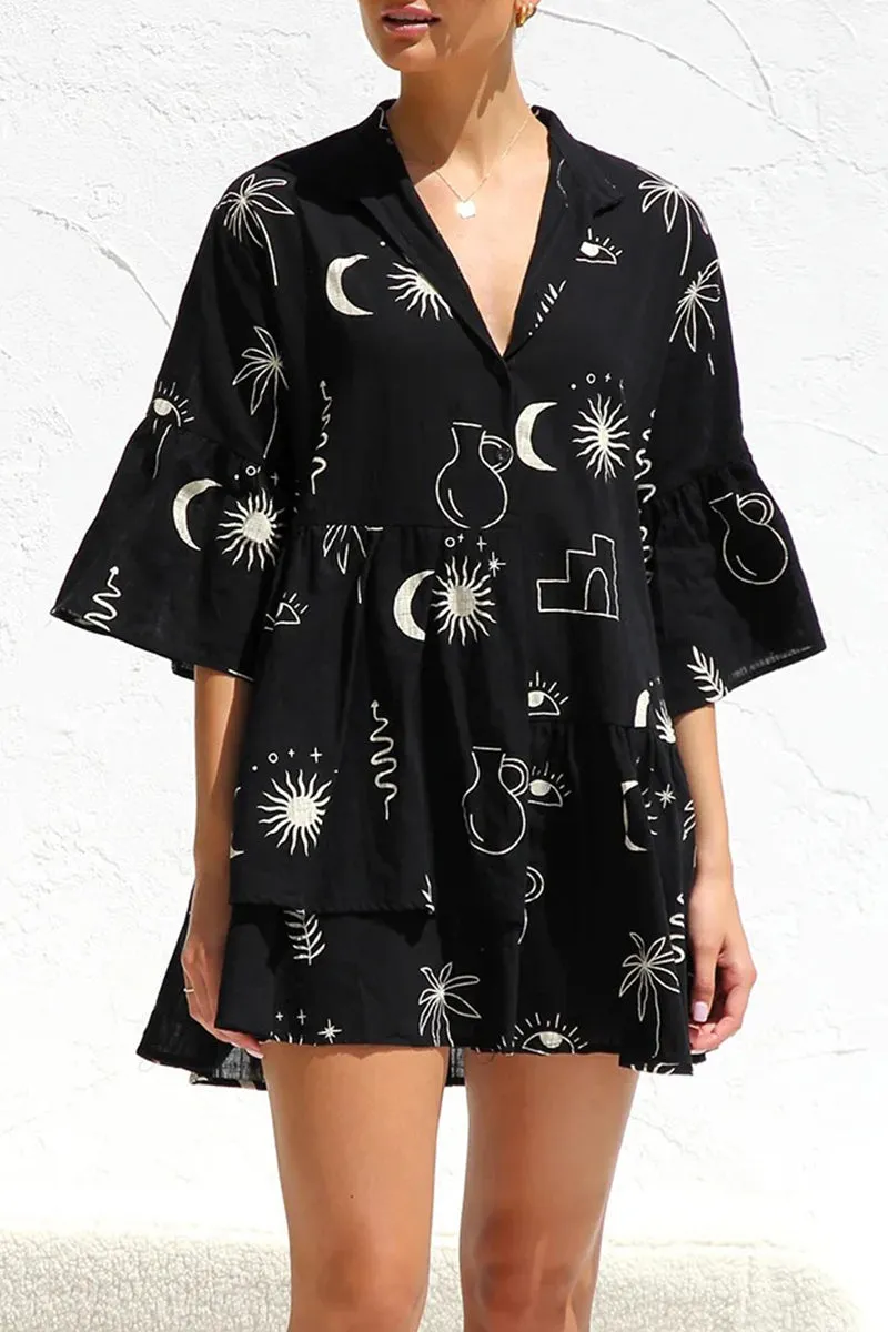 Casual Character Print Fold Turndown Collar Irregular Dresses