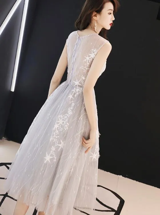 Charming Light Grey Tea Length Tulle Round Neckline Party Dress , Formal Dresses