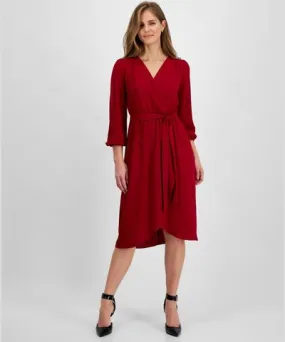 Connected Petite Long-Sleeve Tied Wrap Dress