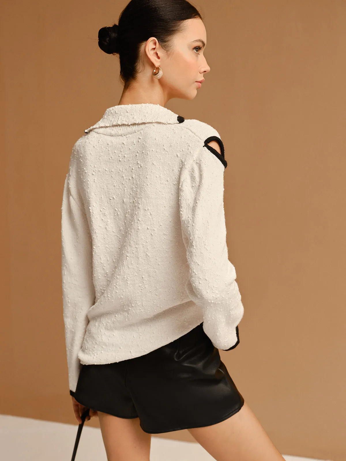 Contrast Trim Cutout Lapel Sweater