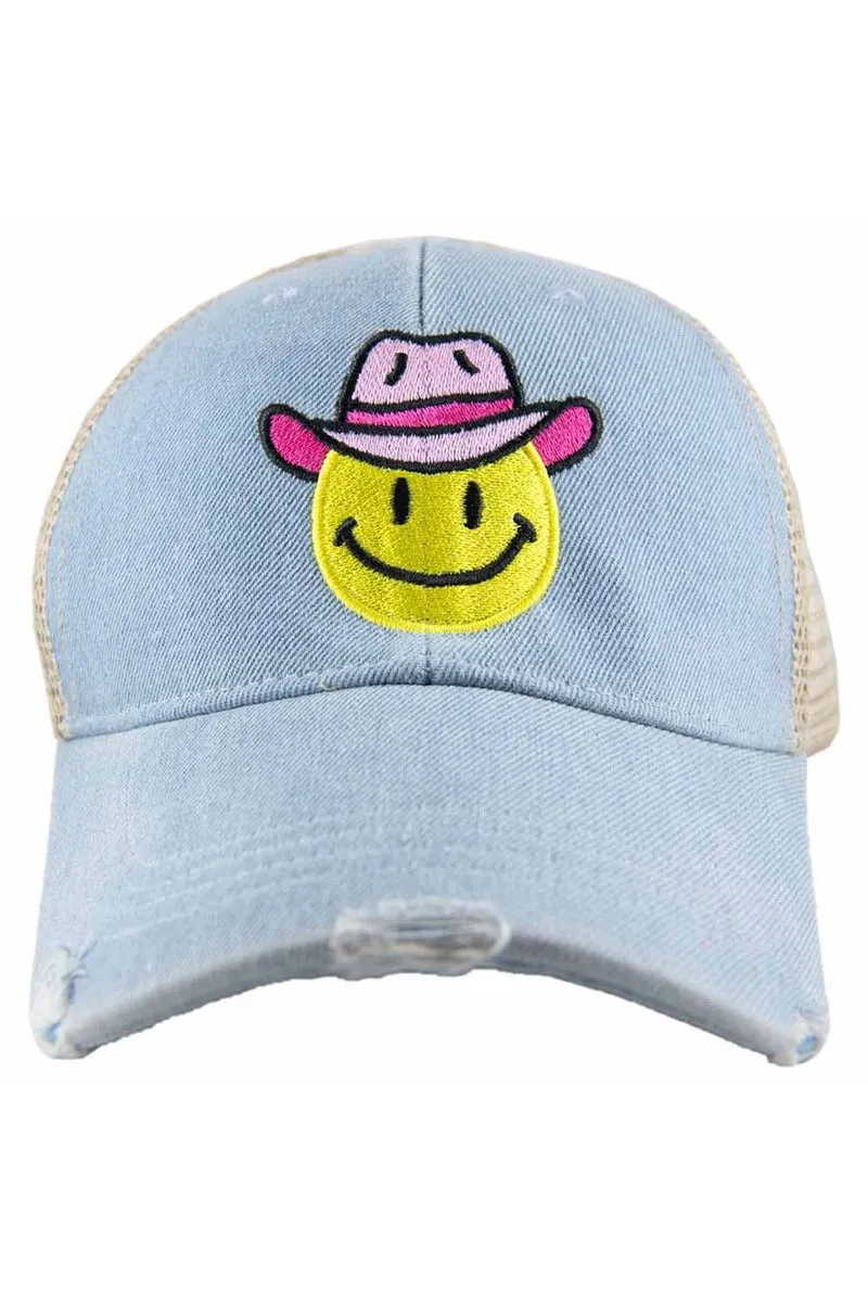 Cowboy Hat Happy Face Denim Trucker Hat