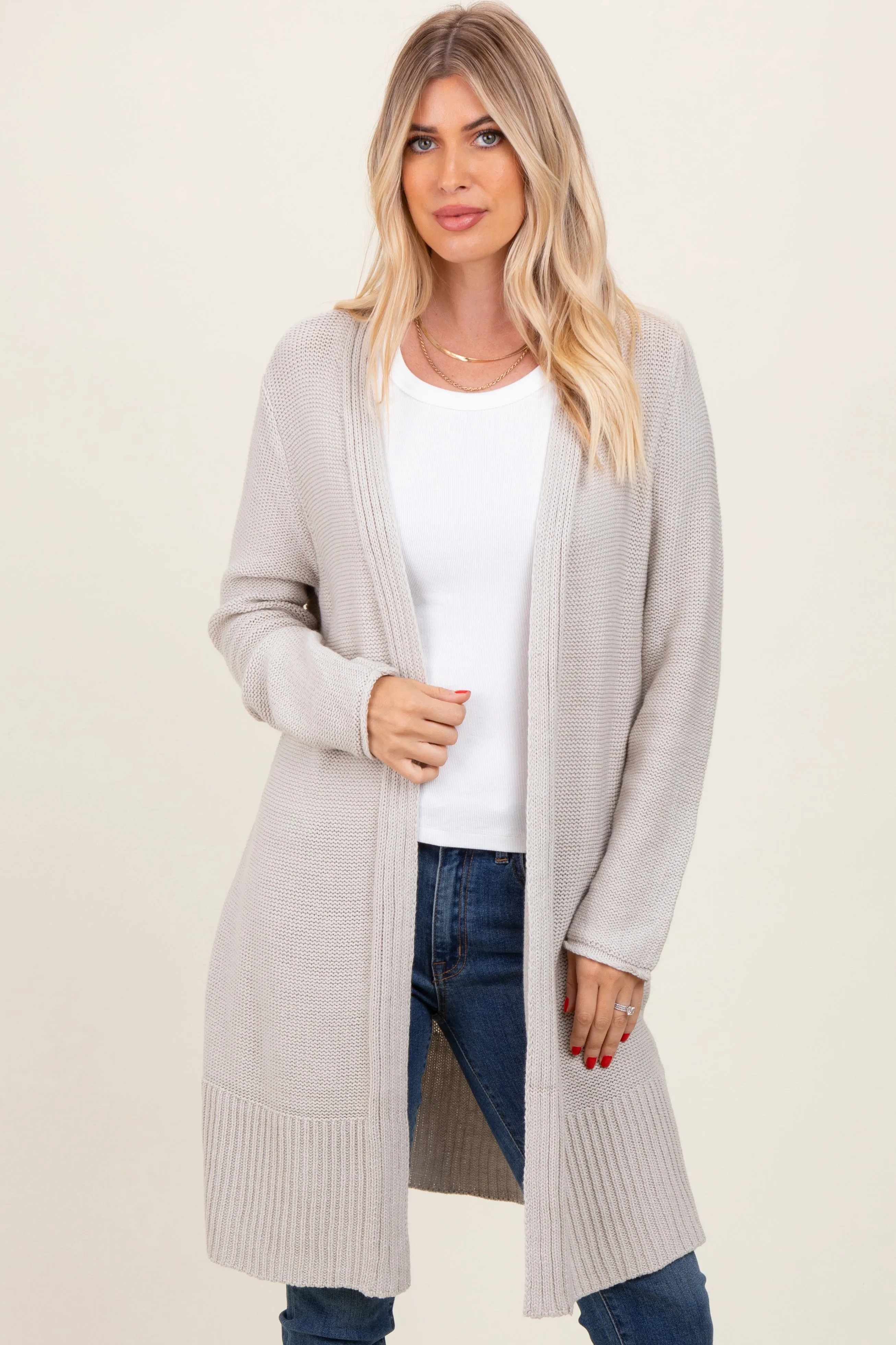 Cream Contrast Rib Long Maternity Open Cardigan