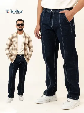 Dark Blue Flared Straight Fit Cargo Denim Jeans