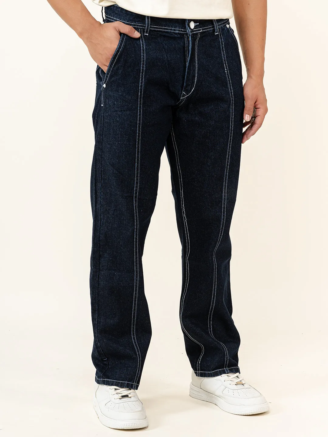 Dark Blue Flared Straight Fit Cargo Denim Jeans