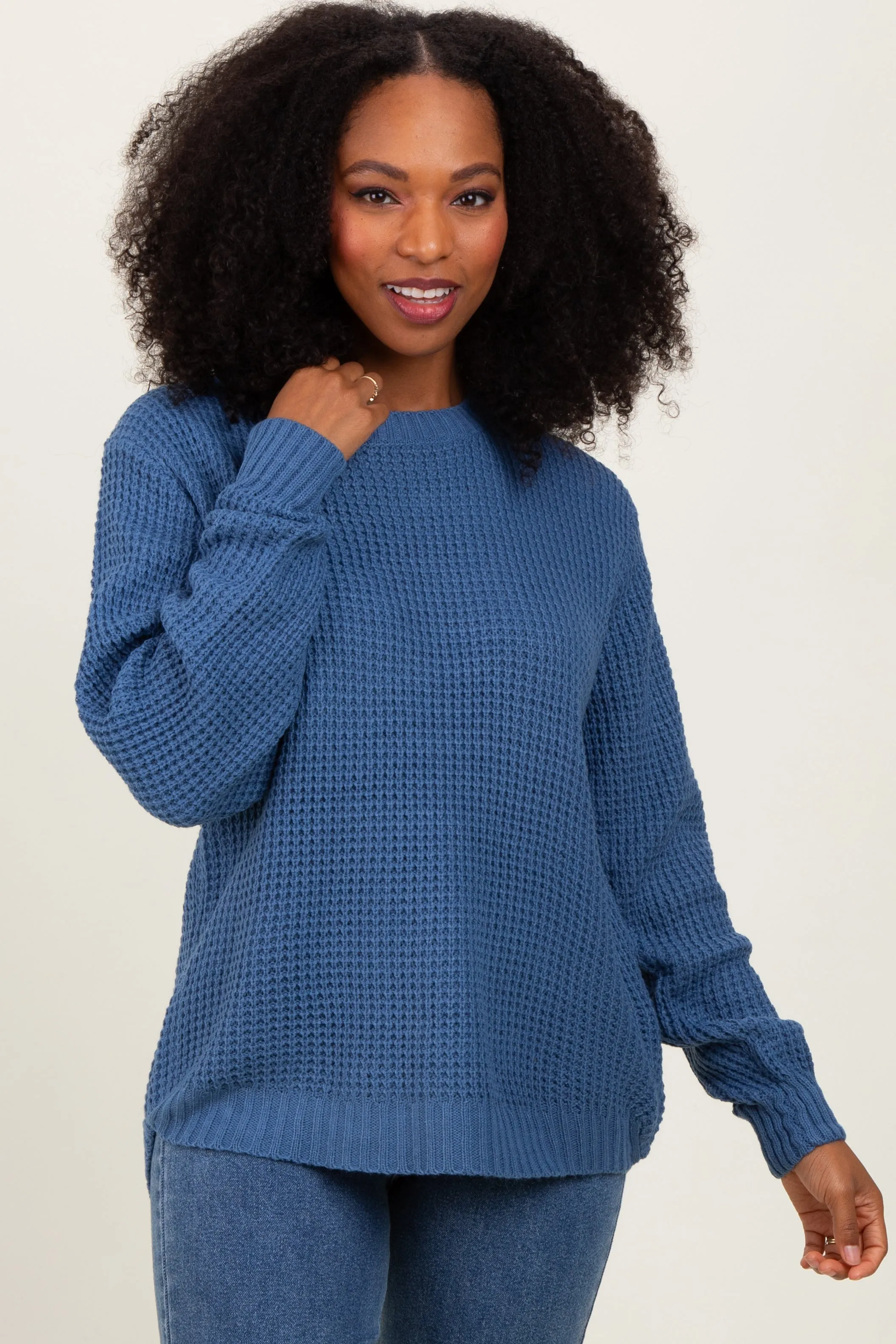 Dark Periwinkle Waffle Knit Rounded Hem Sweater