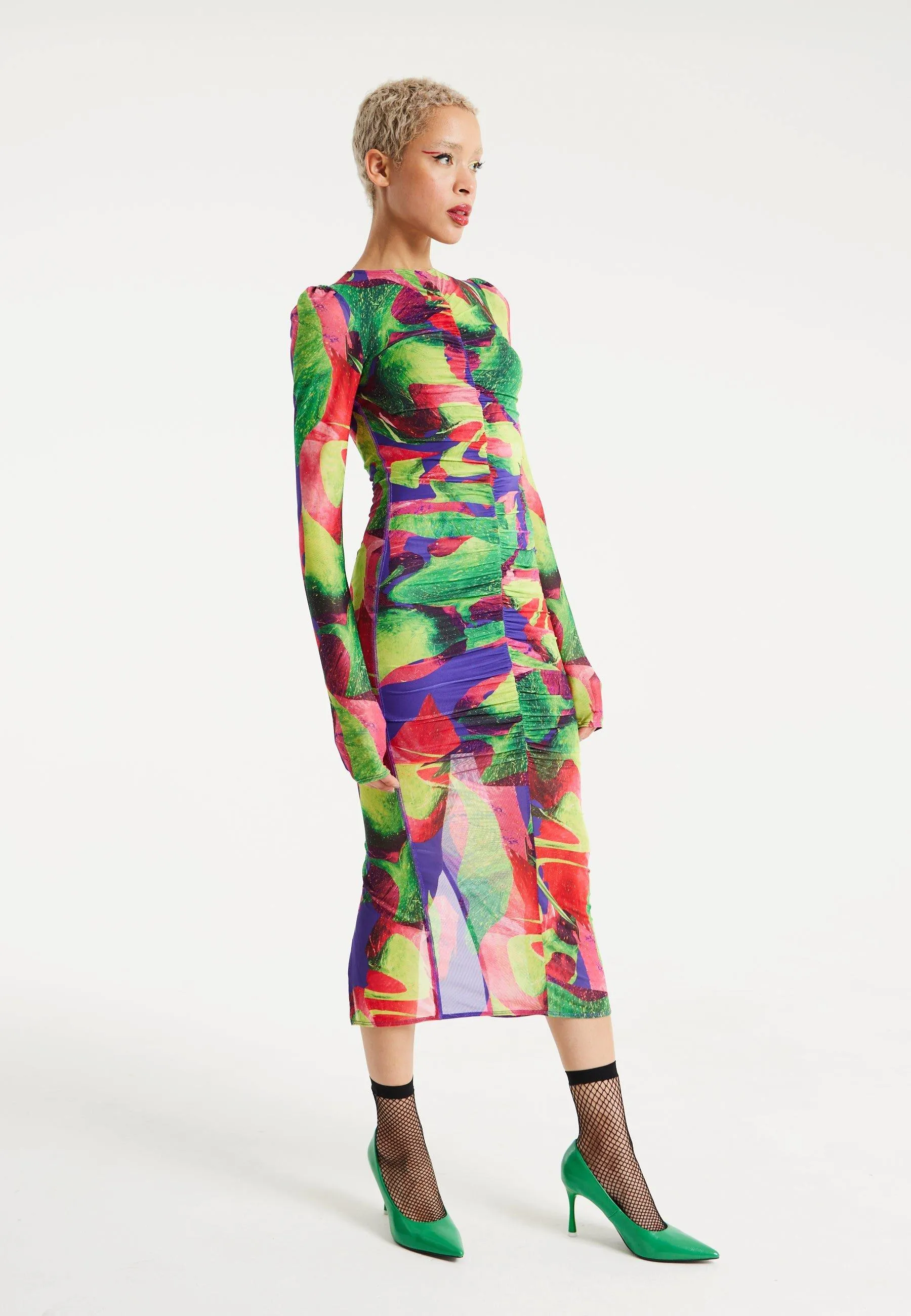 Dresses | Abstract Multicolour Print Midi Dress With Ruching Detail | House of Holland