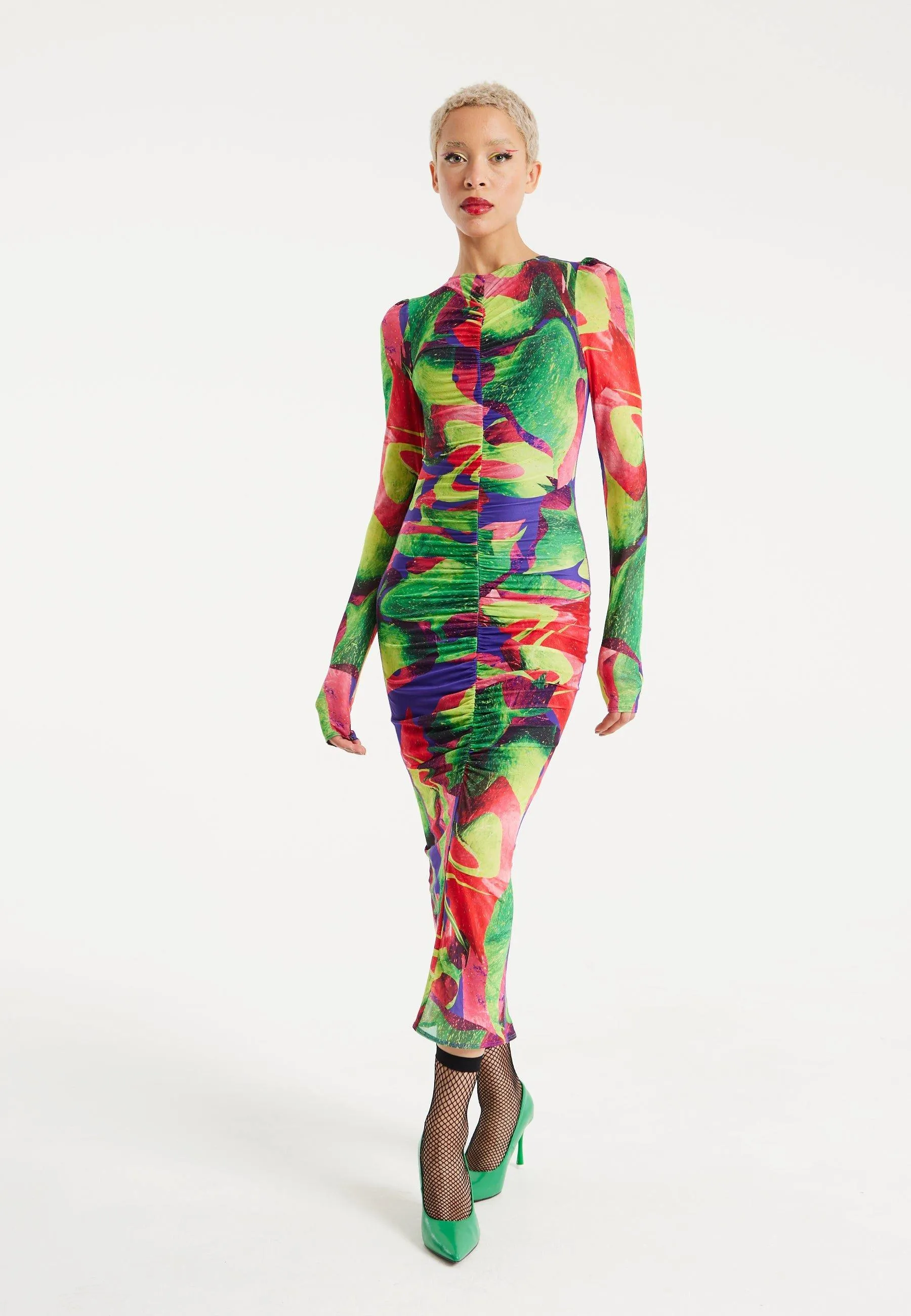 Dresses | Abstract Multicolour Print Midi Dress With Ruching Detail | House of Holland