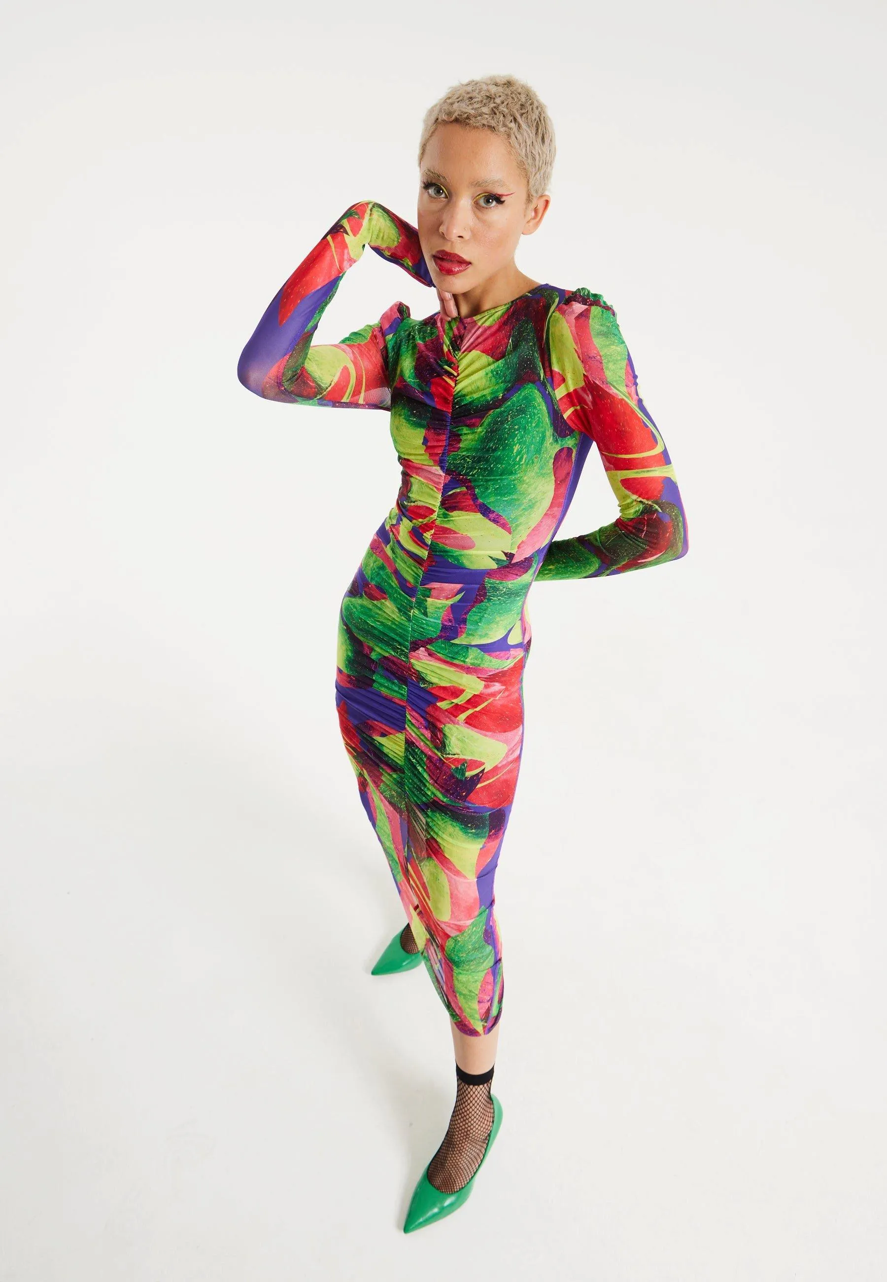 Dresses | Abstract Multicolour Print Midi Dress With Ruching Detail | House of Holland