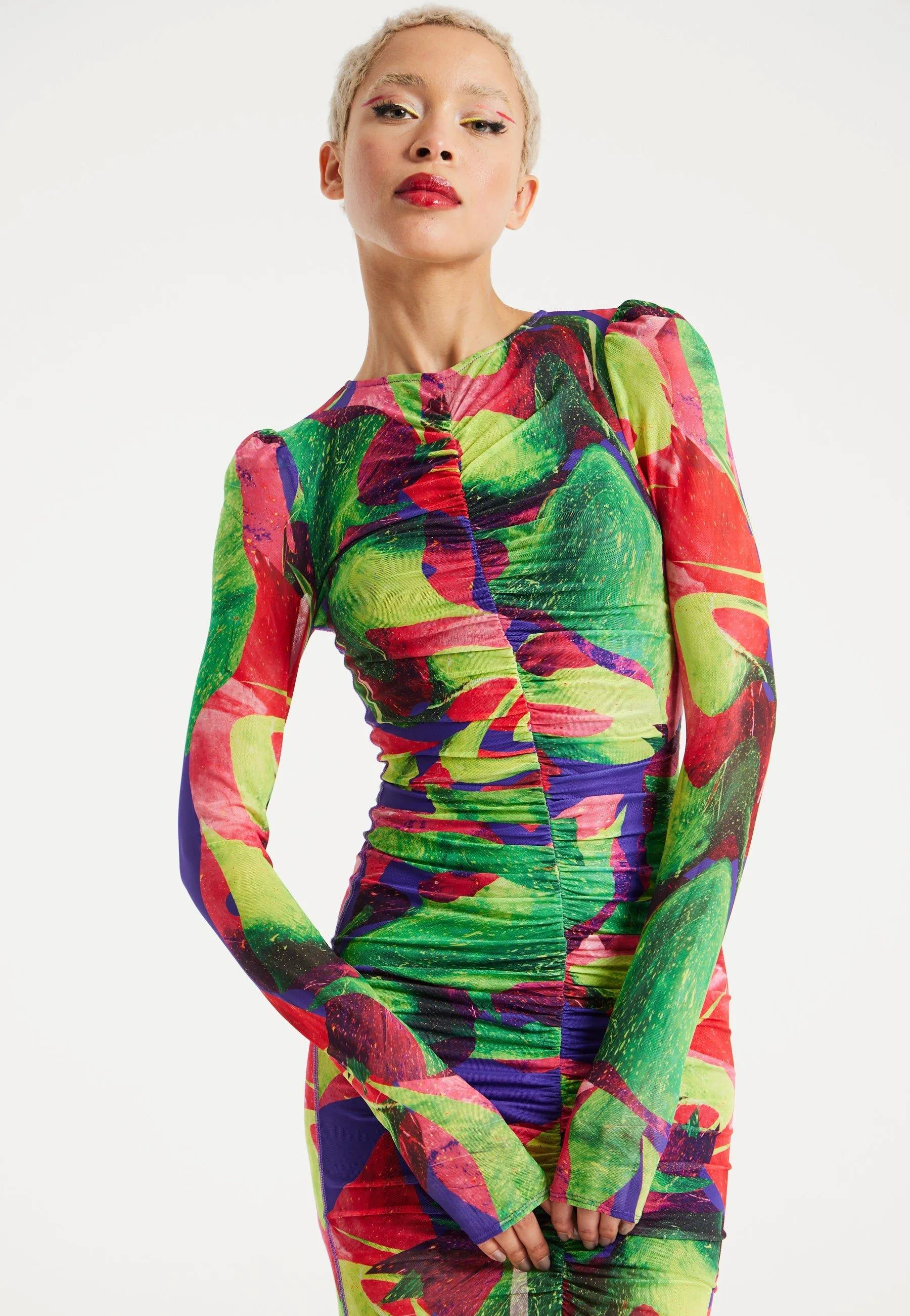 Dresses | Abstract Multicolour Print Midi Dress With Ruching Detail | House of Holland