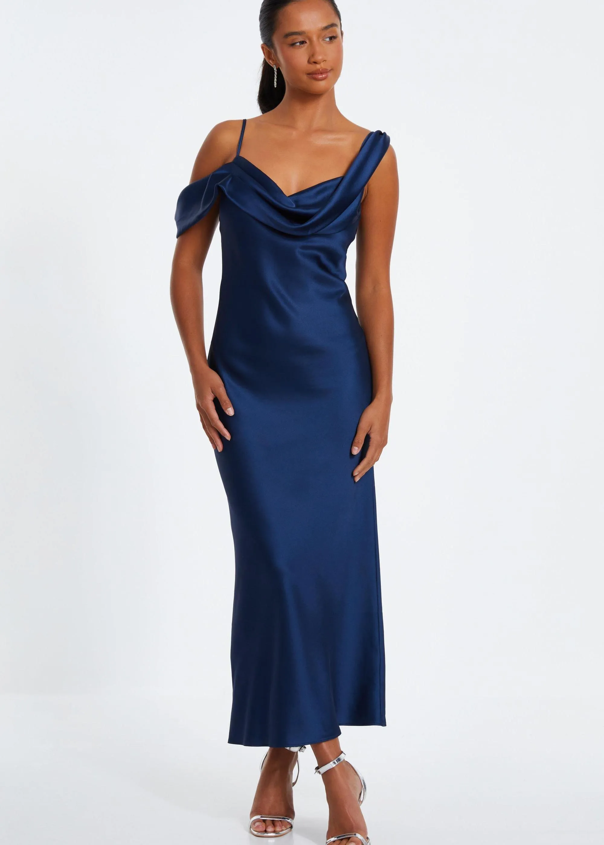 Dresses | Navy Petite Satin Drop Shoulder Maxi Dress | Quiz