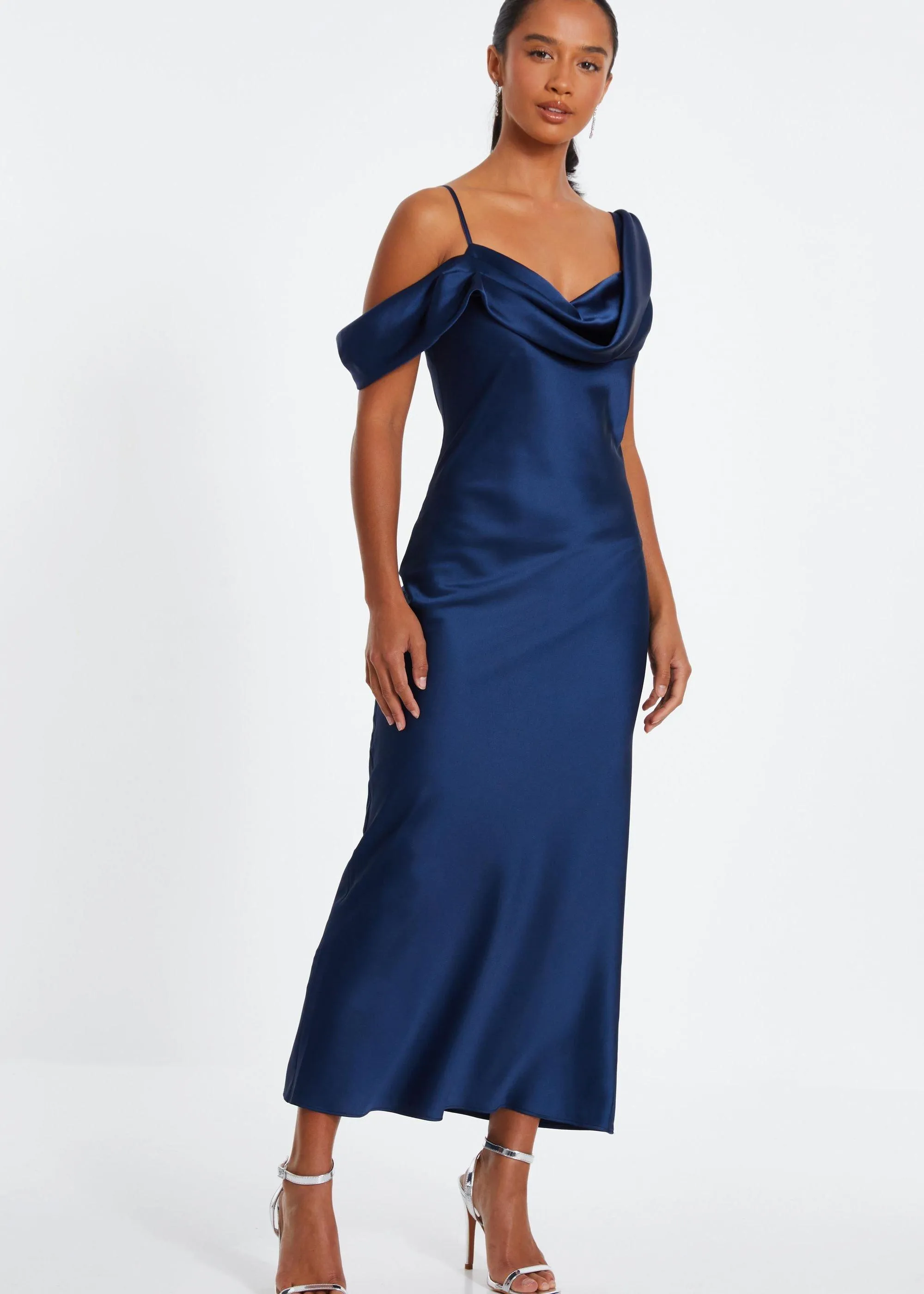 Dresses | Navy Petite Satin Drop Shoulder Maxi Dress | Quiz