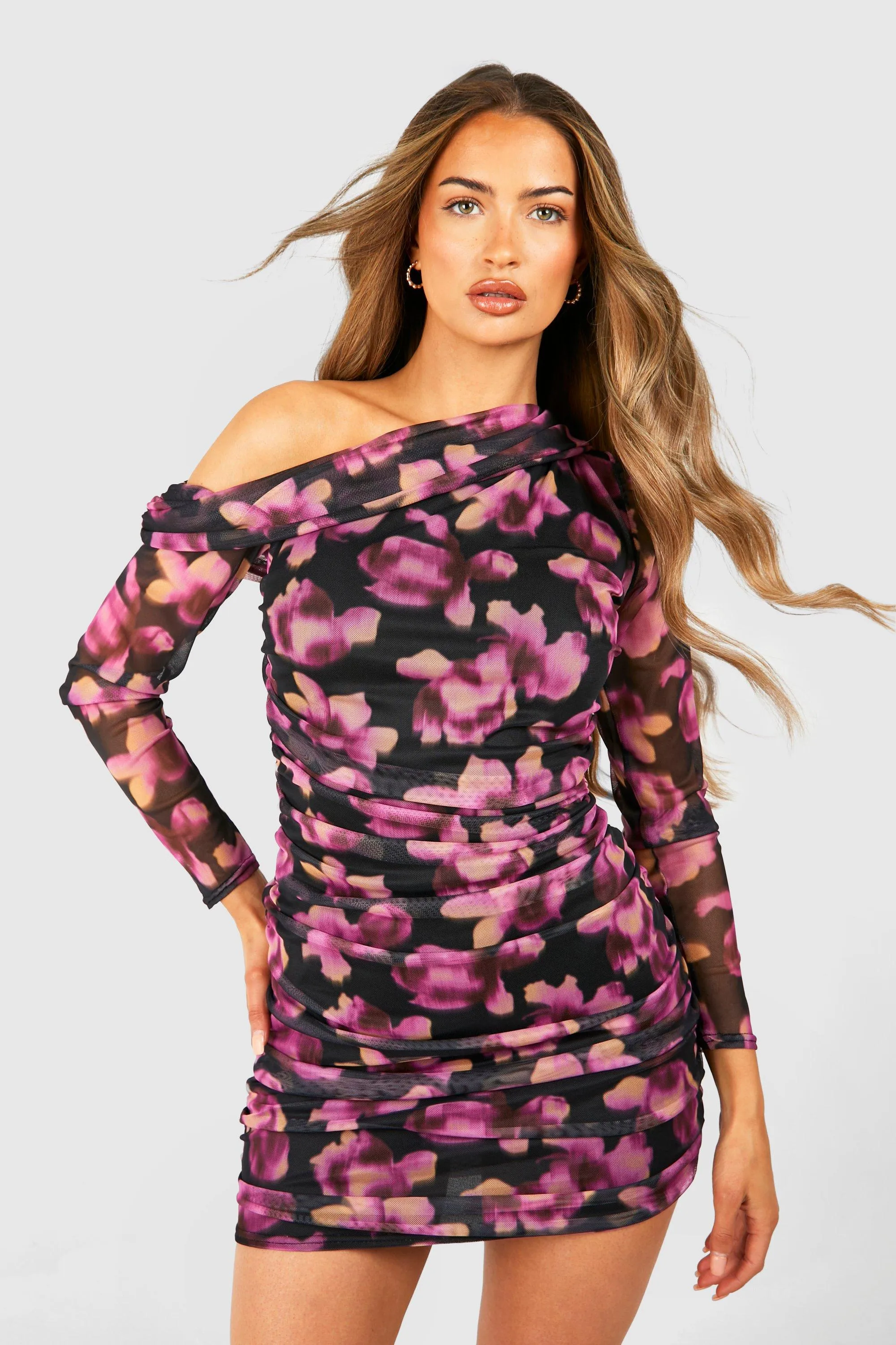 Dresses | One Shoulder Floral Ruched Mesh Long Sleeve Mini Dress | boohoo