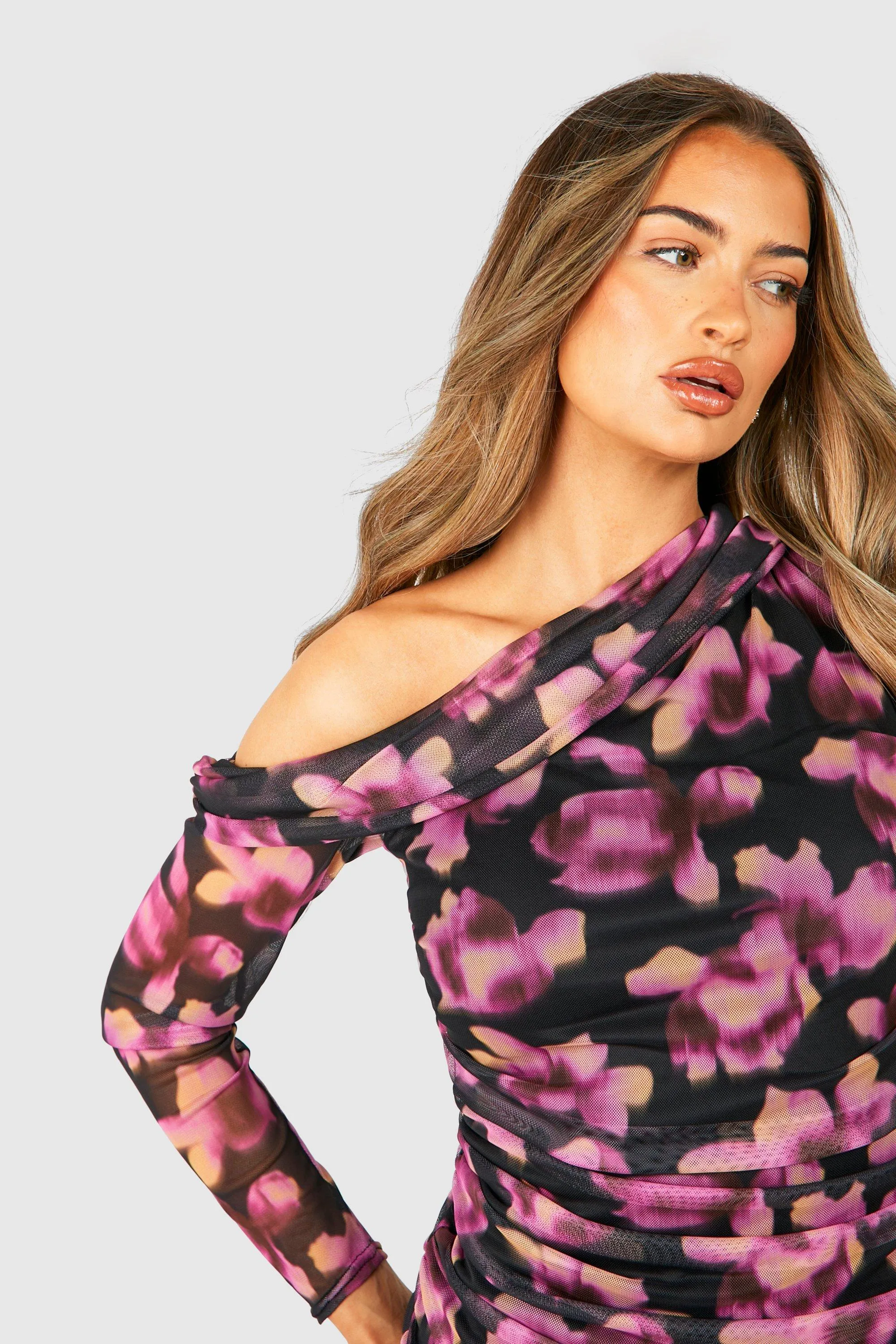 Dresses | One Shoulder Floral Ruched Mesh Long Sleeve Mini Dress | boohoo