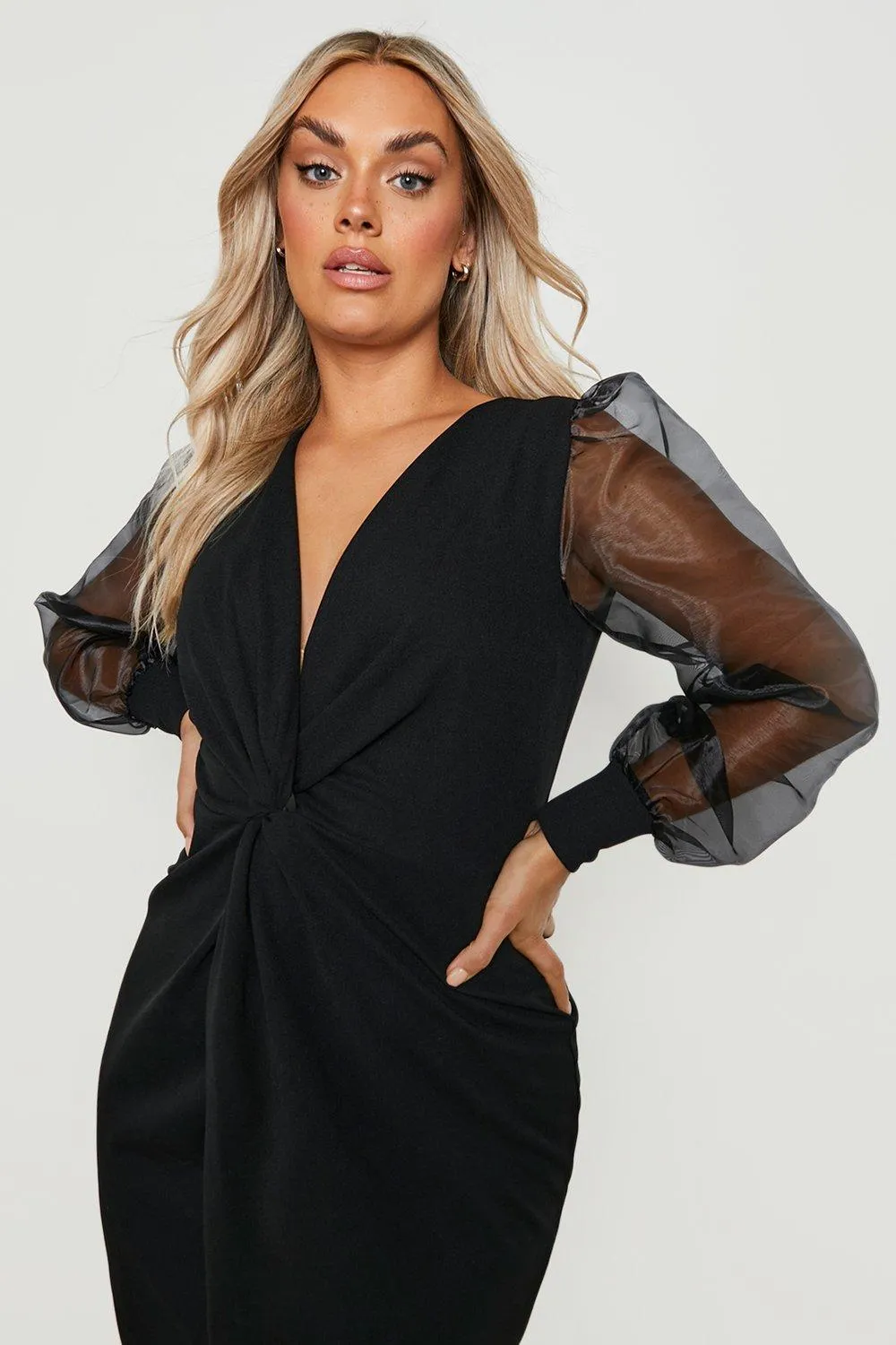 Dresses | Plus Twist Front Organza Sleeve Midi Dress | boohoo