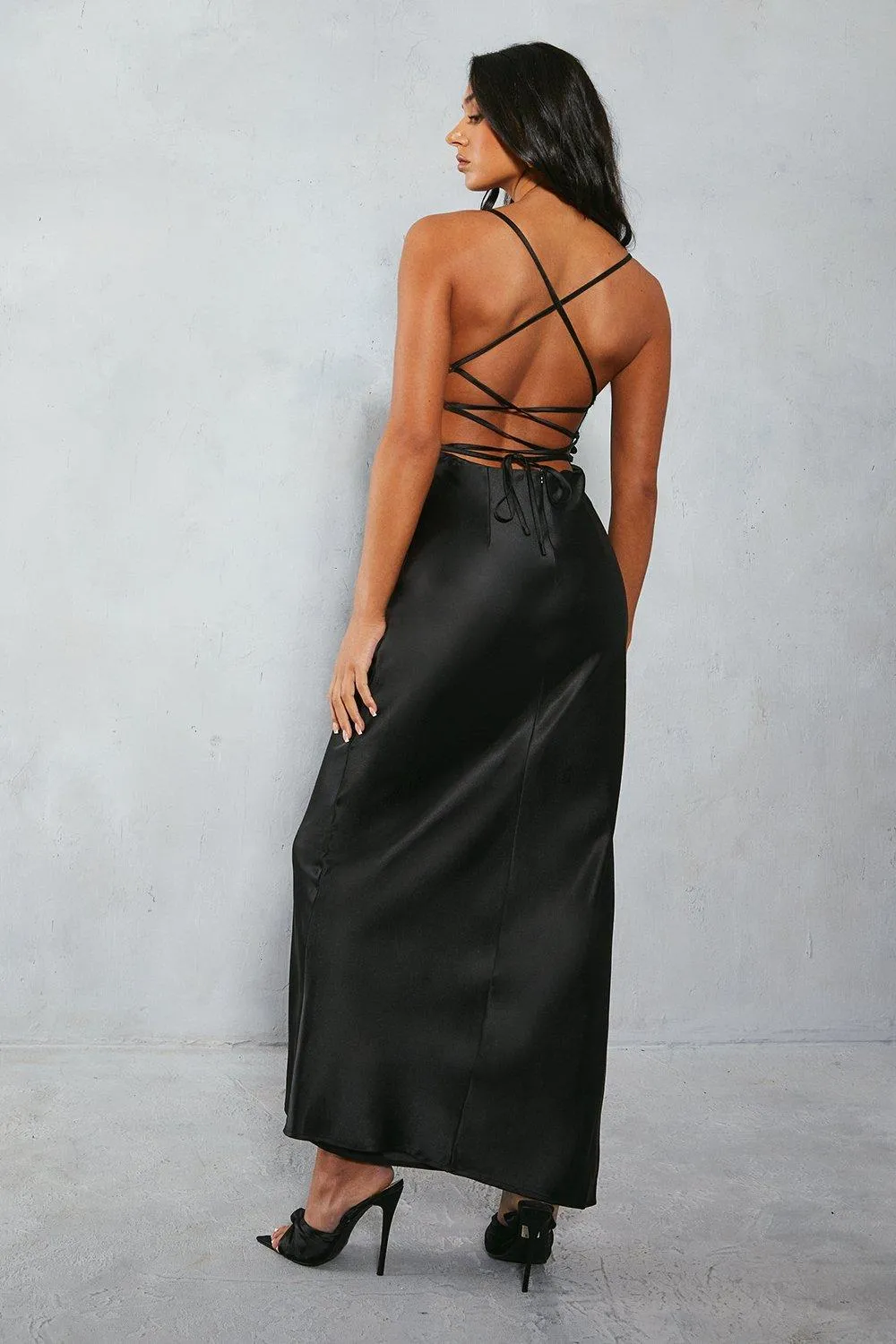 Dresses | Satin Lace Up Back Cowl Neck Split Leg Maxi Dress | MissPap