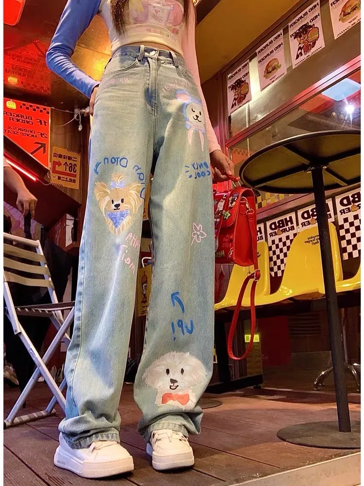 Earth store dopamine cartoon age-reducing wide-leg pants for women spring and autumn new design graffiti jeans for small people