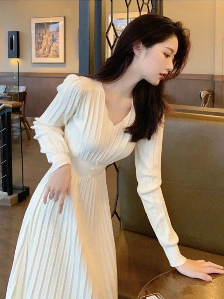 Elegant and Pretty Dresses Korean Fashion Knitwear Long Sleeve V-neck